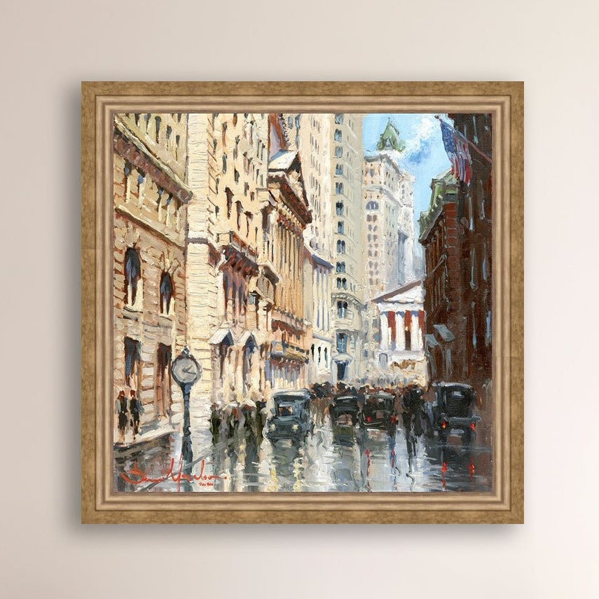 A canvas print depicting a vibrant street scene in New York City with a focus on a stock exchange building
