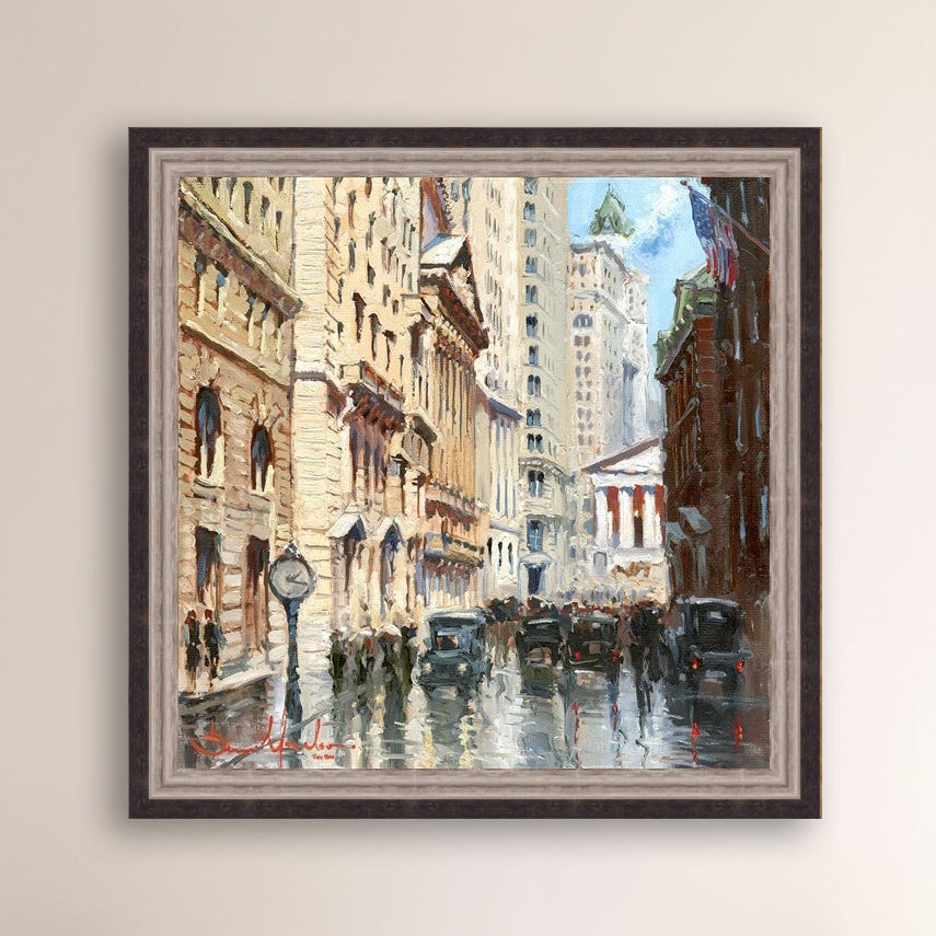 A canvas print depicting a vibrant street scene in New York City with a focus on a stock exchange building