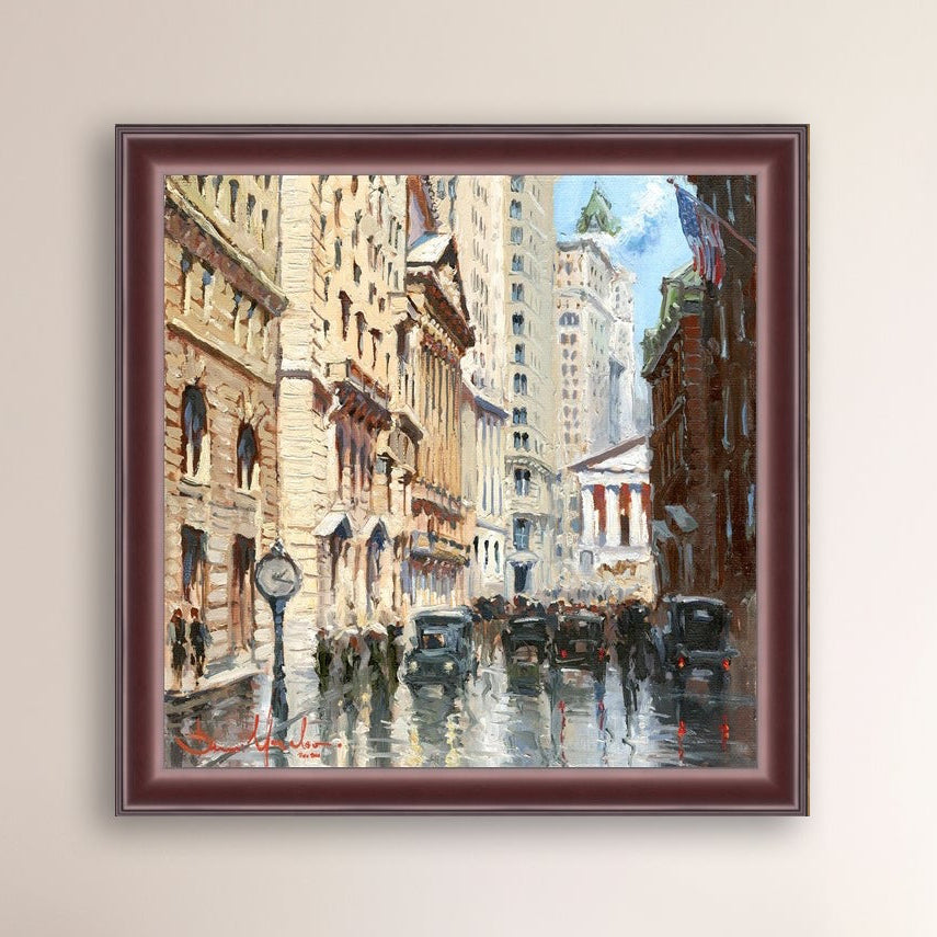 A canvas print depicting a vibrant street scene in New York City with a focus on a stock exchange building