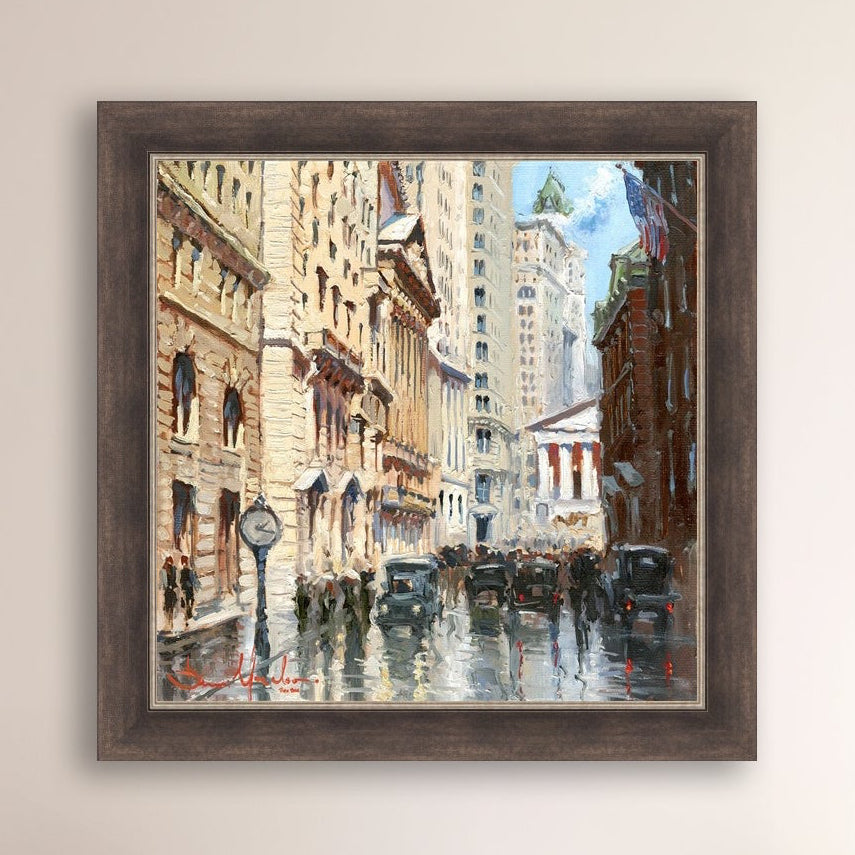 A canvas print depicting a vibrant street scene in New York City with a focus on a stock exchange building