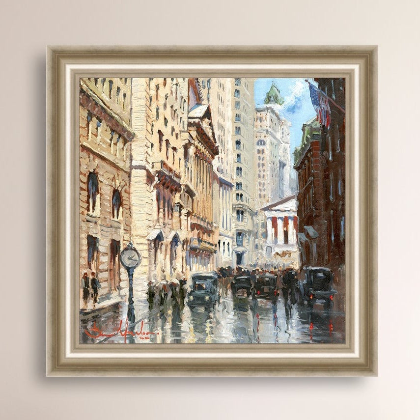 A canvas print depicting a vibrant street scene in New York City with a focus on a stock exchange building