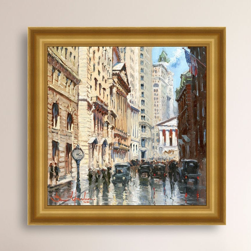 A canvas print depicting a vibrant street scene in New York City with a focus on a stock exchange building