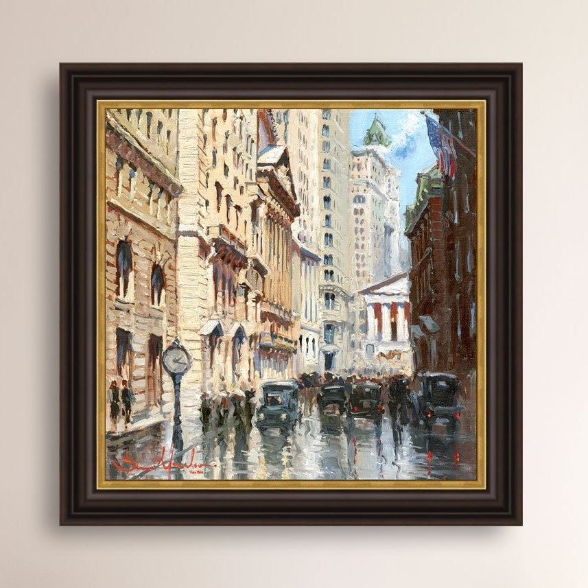 A canvas print depicting a vibrant street scene in New York City with a focus on a stock exchange building