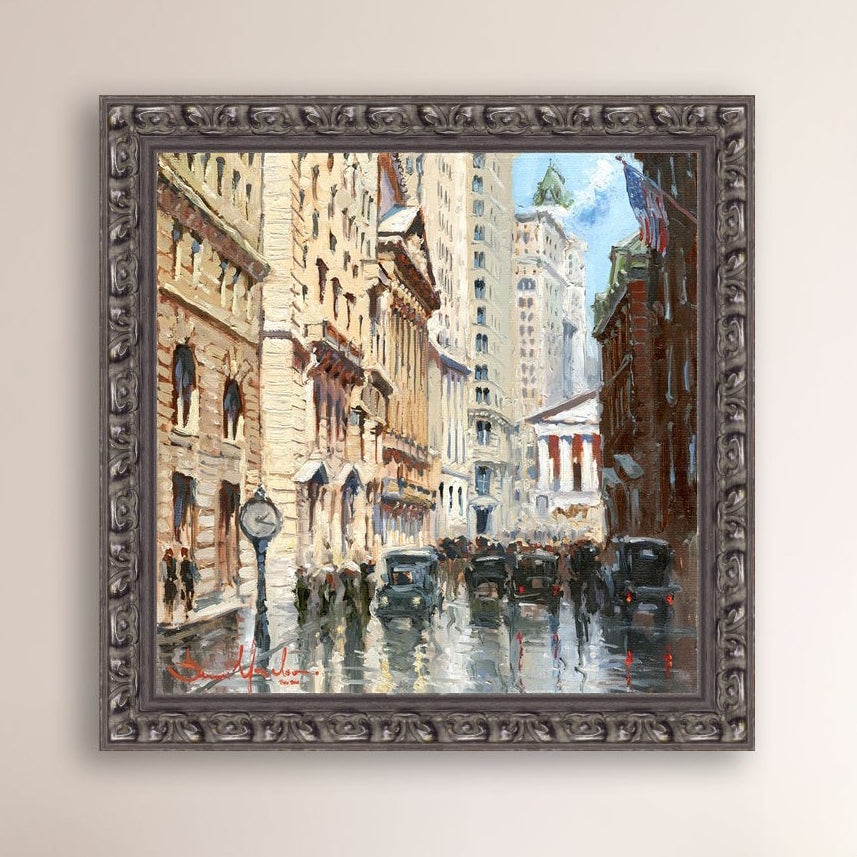 A canvas print depicting a vibrant street scene in New York City with a focus on a stock exchange building
