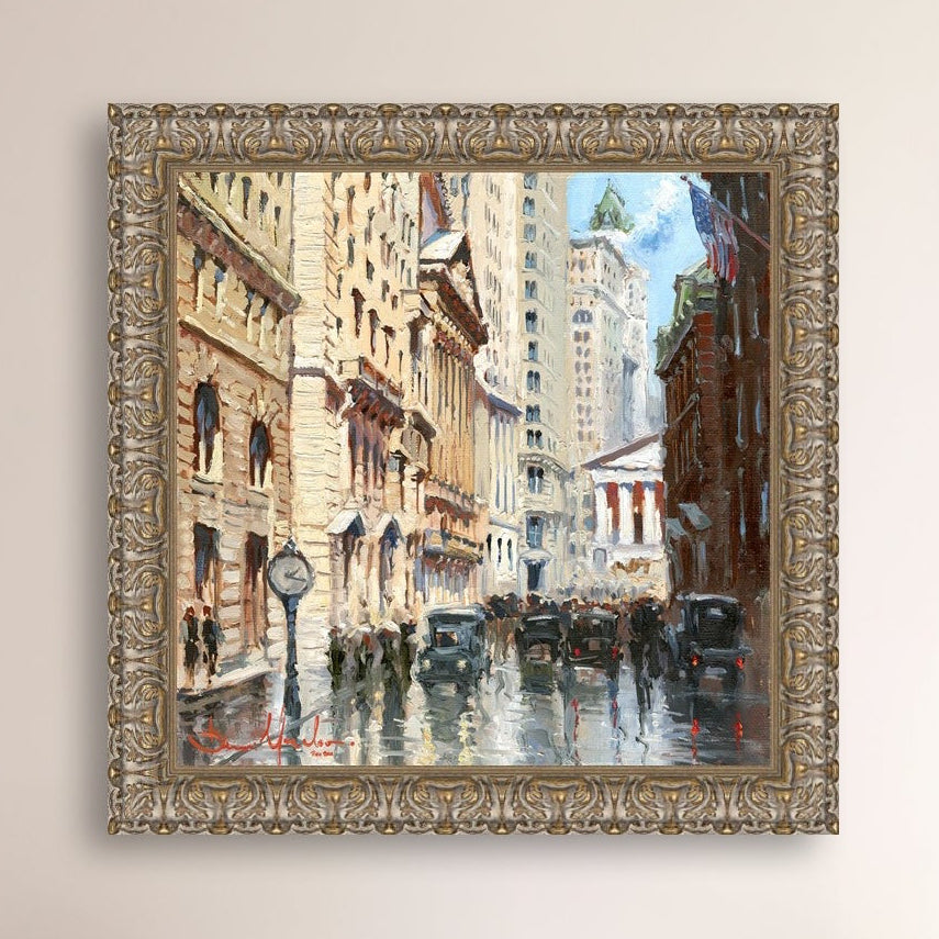 A canvas print depicting a vibrant street scene in New York City with a focus on a stock exchange building