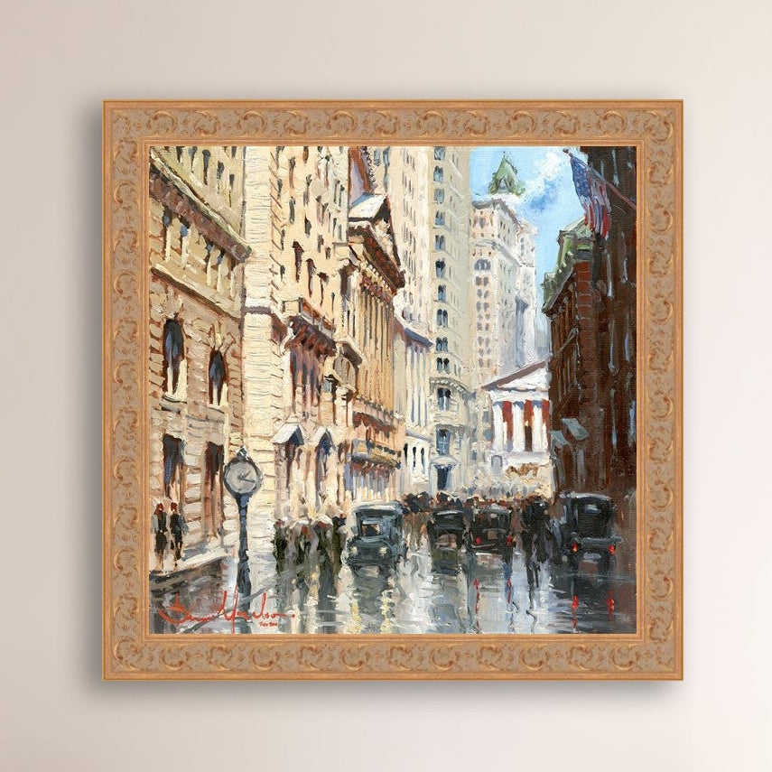 A canvas print depicting a vibrant street scene in New York City with a focus on a stock exchange building