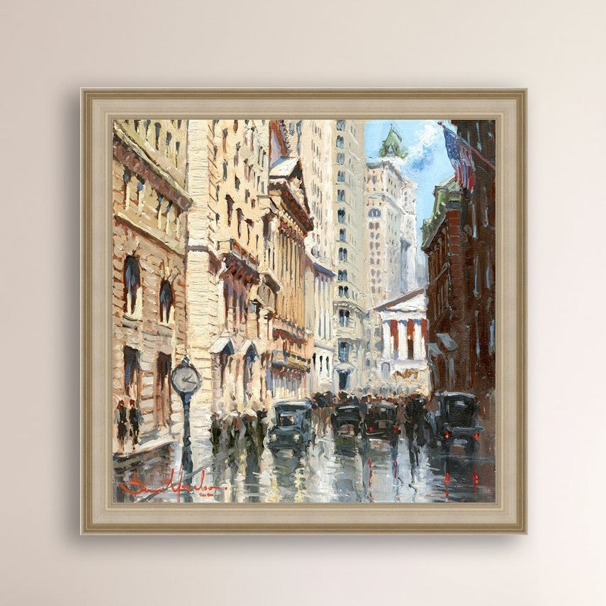 A canvas print depicting a vibrant street scene in New York City with a focus on a stock exchange building
