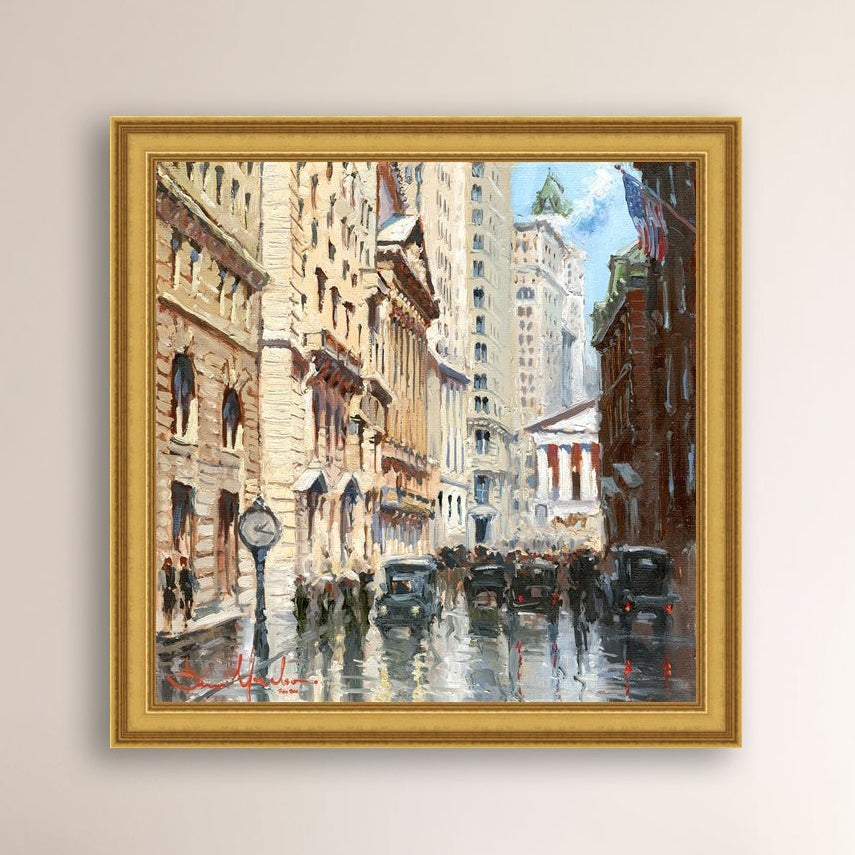 A canvas print depicting a vibrant street scene in New York City with a focus on a stock exchange building