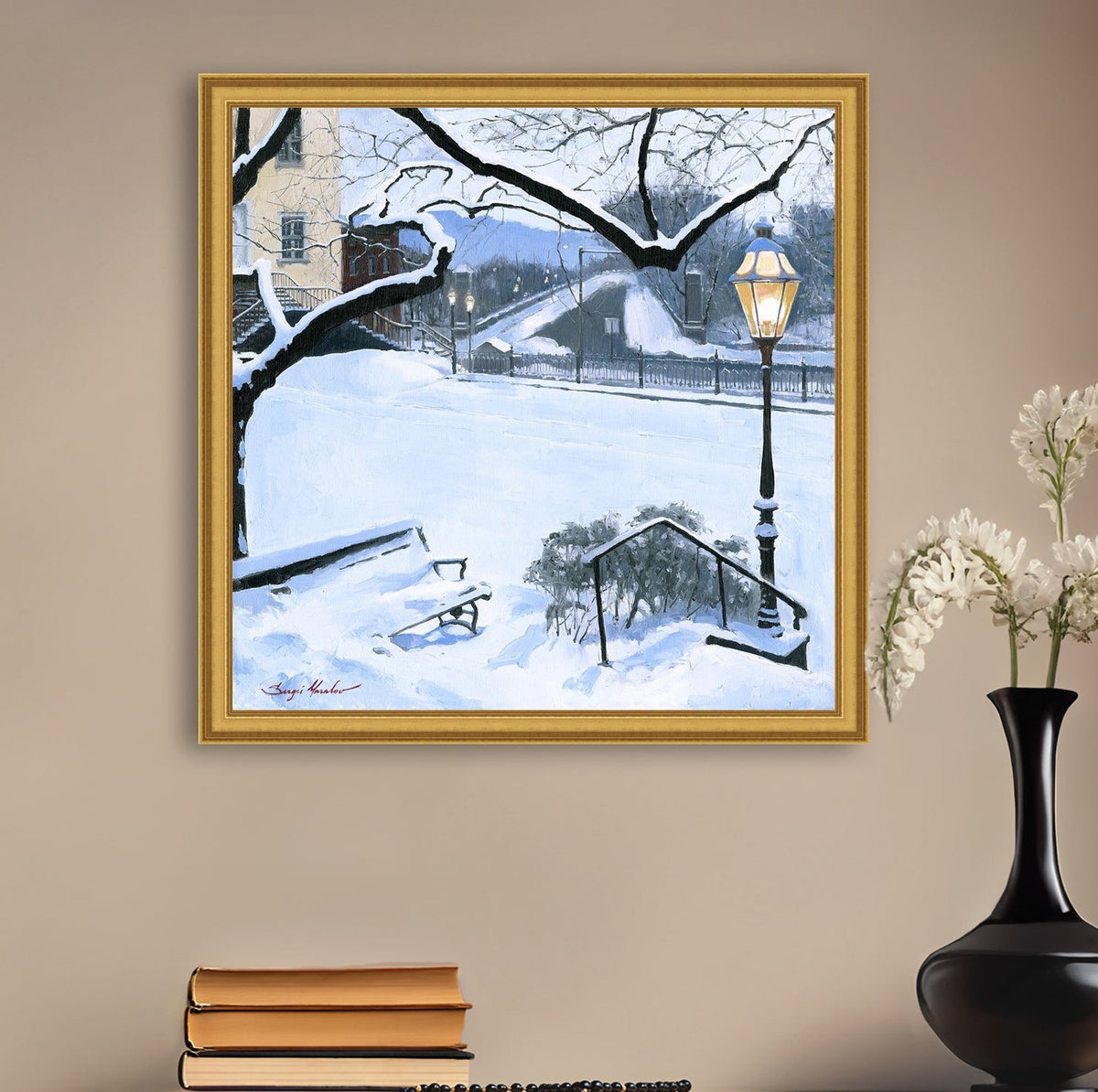 A canvas print featuring a snowy landscape with a bench, a lamp post, in the foreground, and Moravian Church in the background.