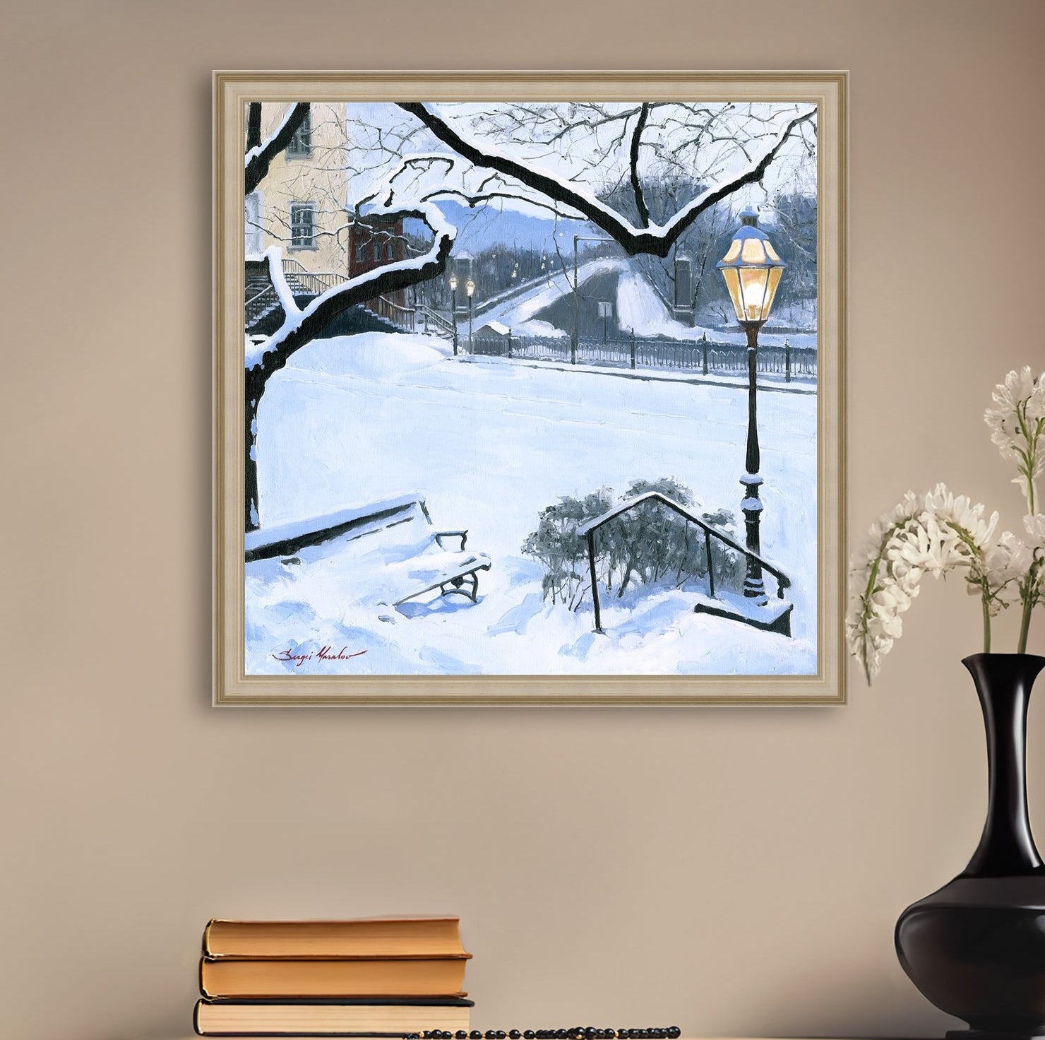 A canvas print featuring a snowy landscape with a bench, a lamp post, in the foreground, and Moravian Church in the background.