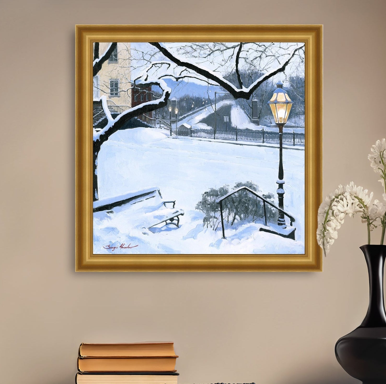 A canvas print featuring a snowy landscape with a bench, a lamp post, in the foreground, and Moravian Church in the background.