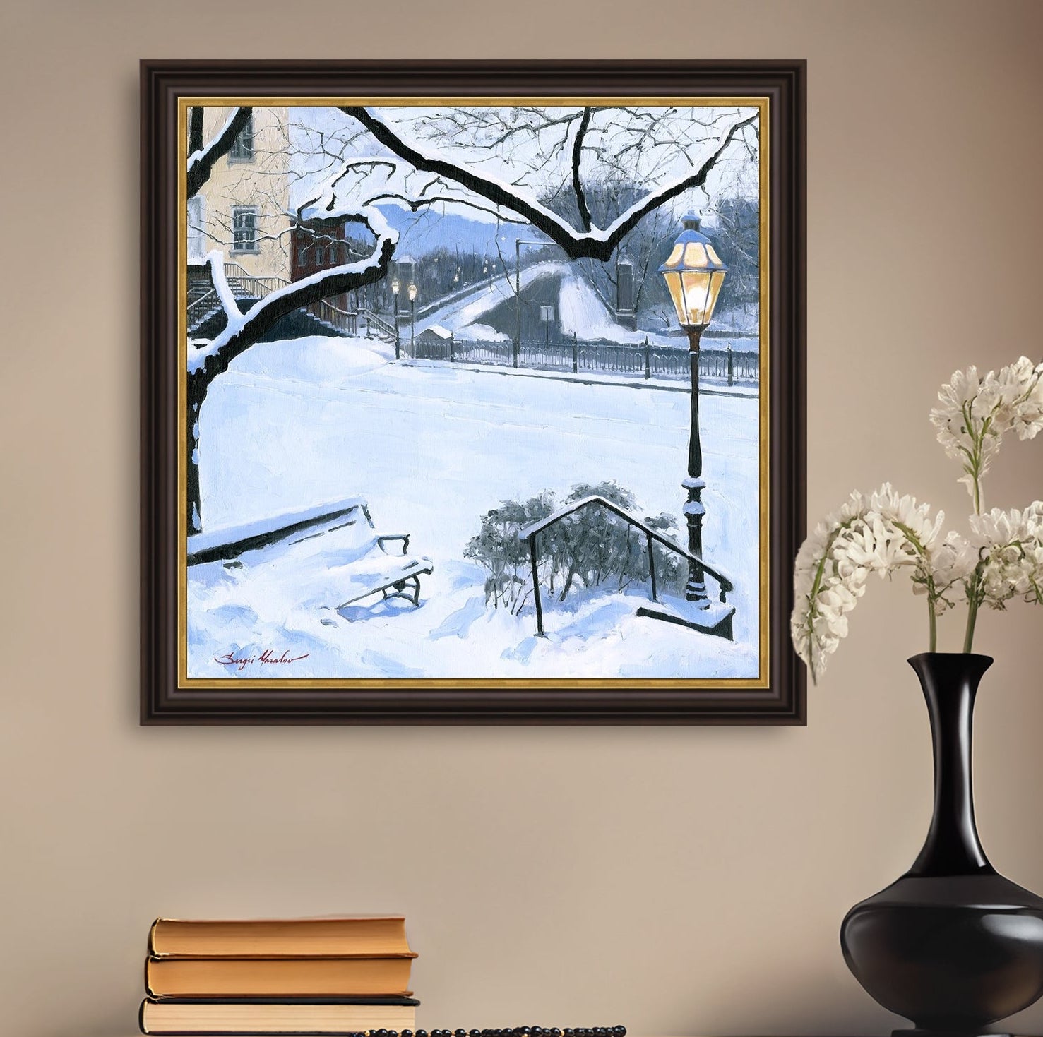 A canvas print featuring a snowy landscape with a bench, a lamp post, in the foreground, and Moravian Church in the background.