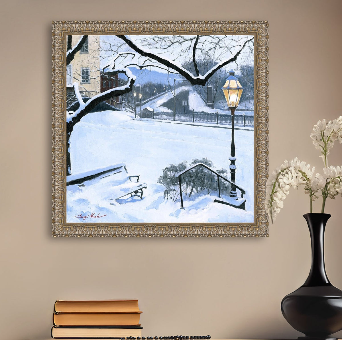 A canvas print featuring a snowy landscape with a bench, a lamp post, in the foreground, and Moravian Church in the background.