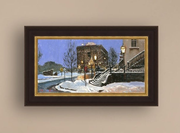 A canvas print depicting Main Street with snow on the ground, Moravian Church steps, and a street lamp.