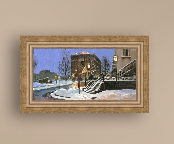 A canvas print depicting Main Street with snow on the ground, Moravian Church steps, and a street lamp.