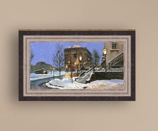 A canvas print depicting Main Street with snow on the ground, Moravian Church steps, and a street lamp.