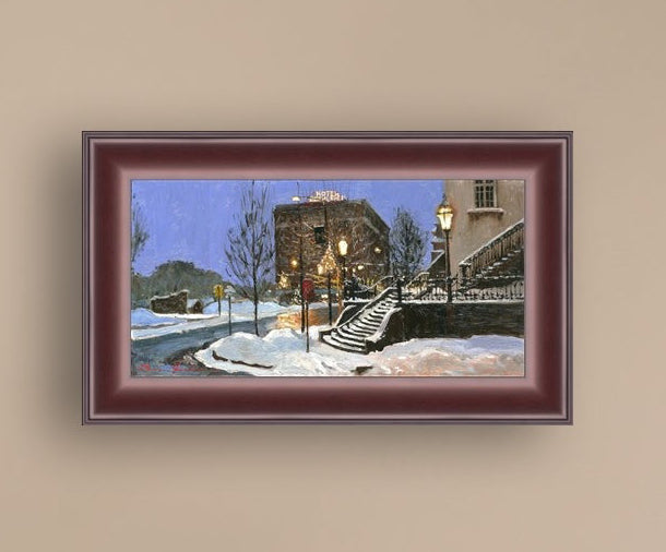 A canvas print depicting Main Street with snow on the ground, Moravian Church steps, and a street lamp.