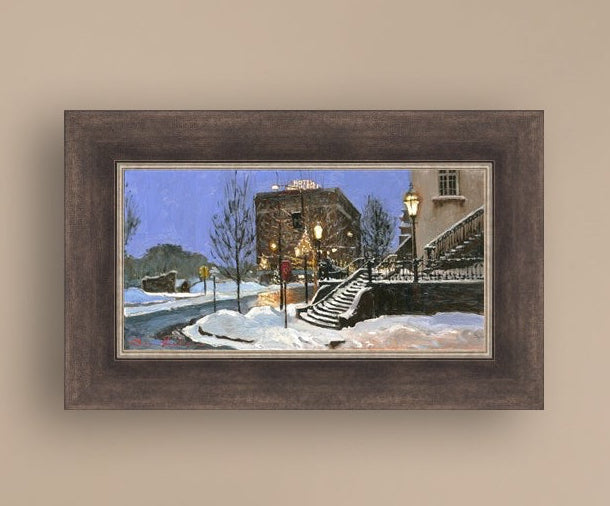 A canvas print depicting Main Street with snow on the ground, Moravian Church steps, and a street lamp.