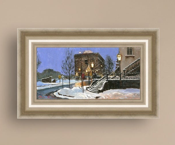 A canvas print depicting Main Street with snow on the ground, Moravian Church steps, and a street lamp.