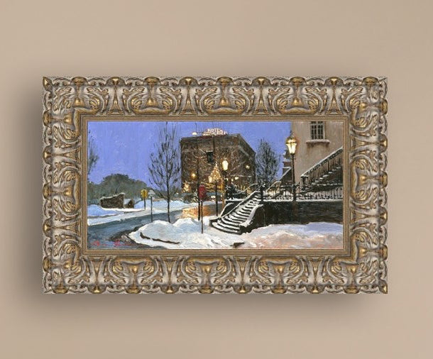 A canvas print depicting Main Street with snow on the ground, Moravian Church steps, and a street lamp.