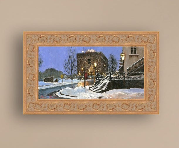 A canvas print depicting Main Street with snow on the ground, Moravian Church steps, and a street lamp.