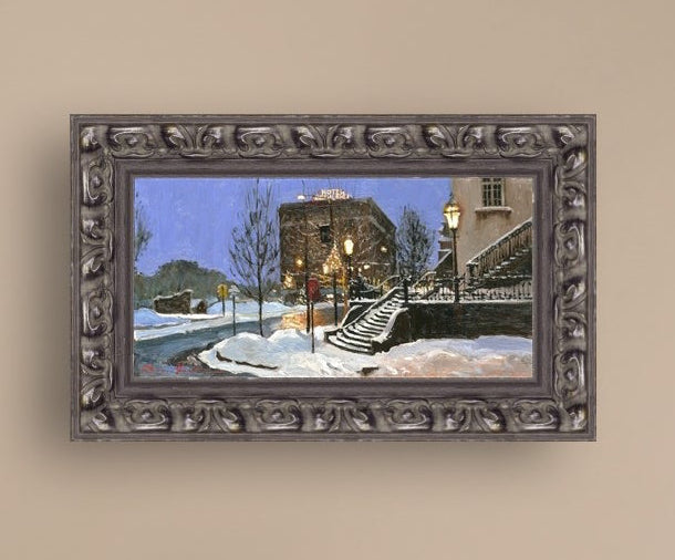 A canvas print depicting Main Street with snow on the ground, Moravian Church steps, and a street lamp.
