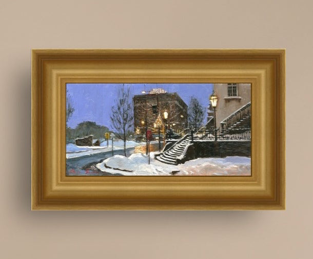 A canvas print depicting Main Street with snow on the ground, Moravian Church steps, and a street lamp.