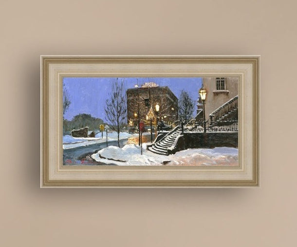 A canvas print depicting Main Street with snow on the ground, Moravian Church steps, and a street lamp.