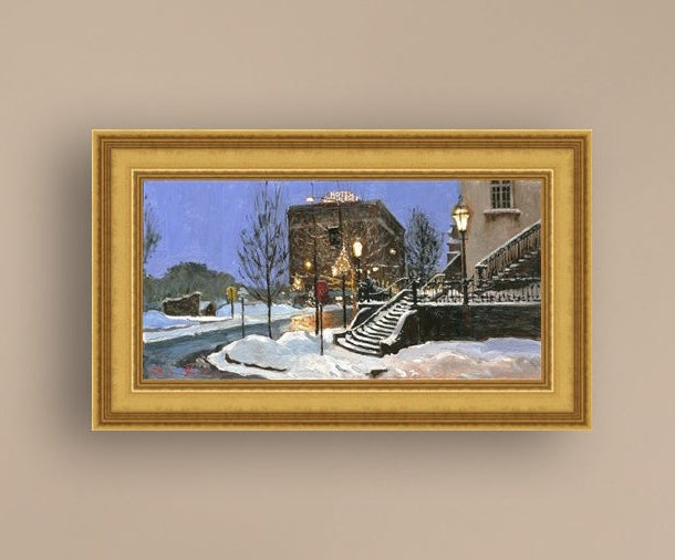 A canvas print depicting Main Street with snow on the ground, Moravian Church steps, and a street lamp.