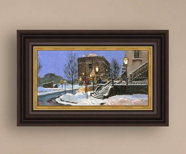 A canvas print depicting Main Street with snow on the ground, Moravian Church steps, and a street lamp.