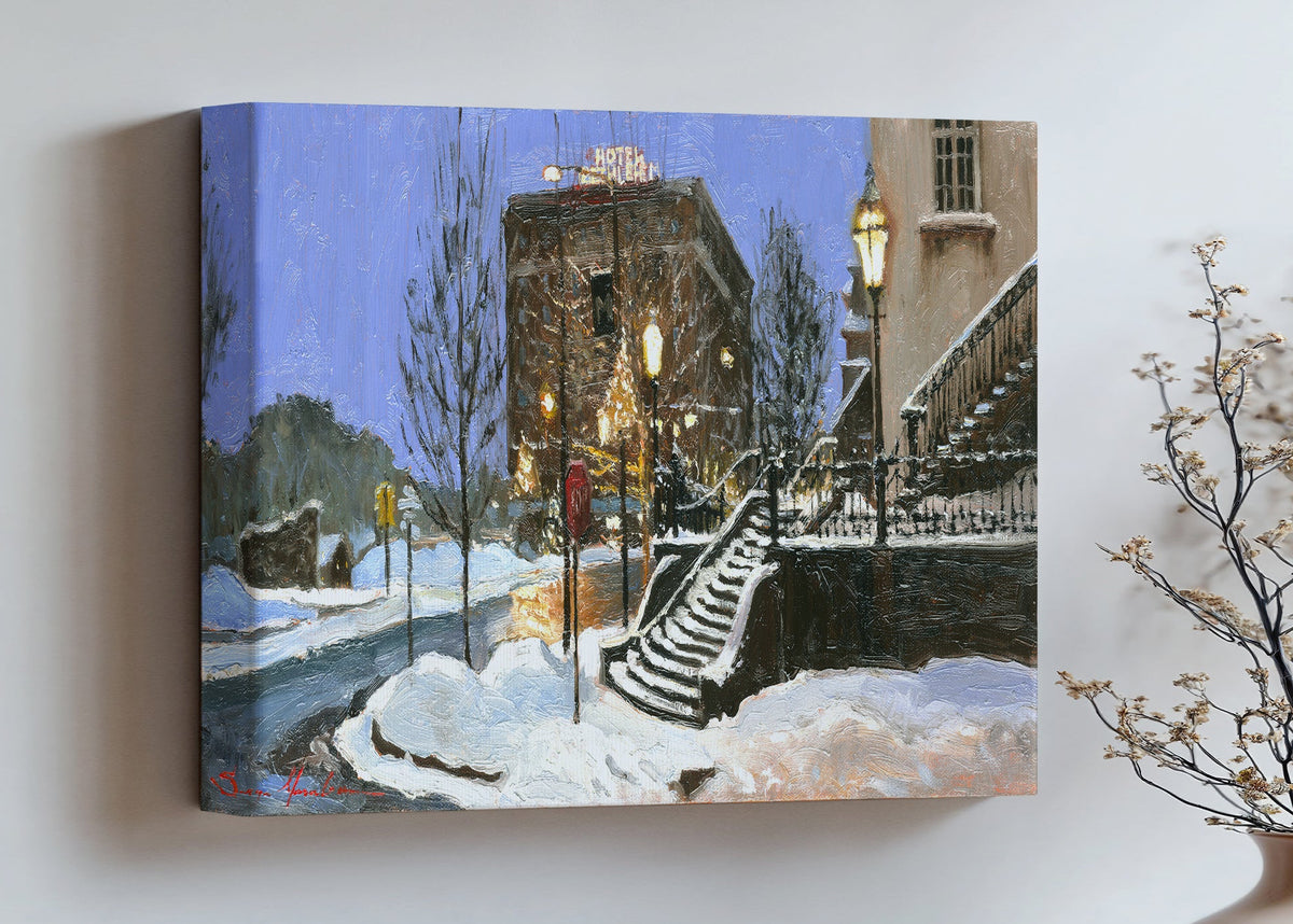 A canvas print depicting Main Street with snow on the ground, Moravian Church steps, and a street lamp.