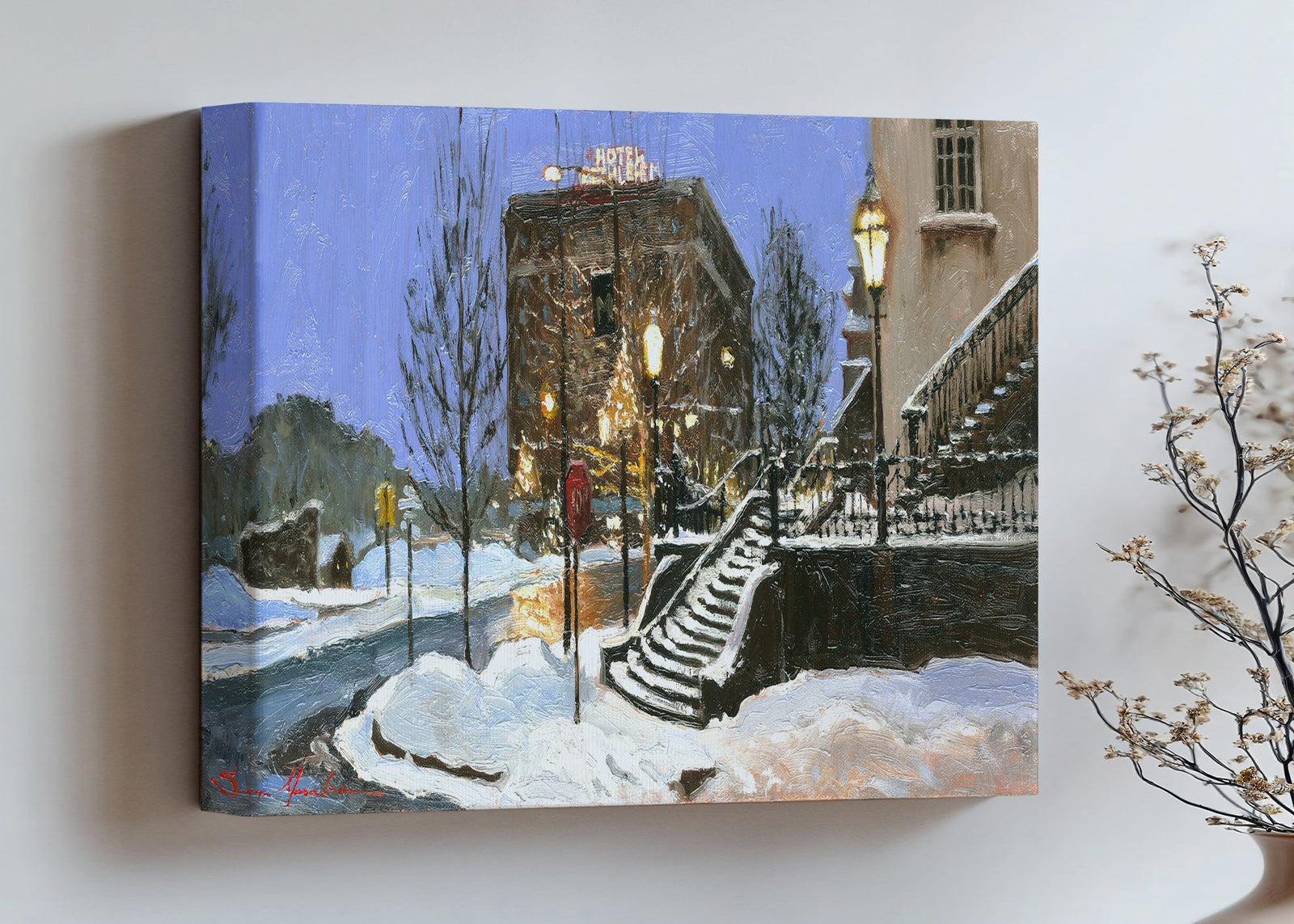 A canvas print depicting Main Street with snow on the ground, Moravian Church steps, and a street lamp.