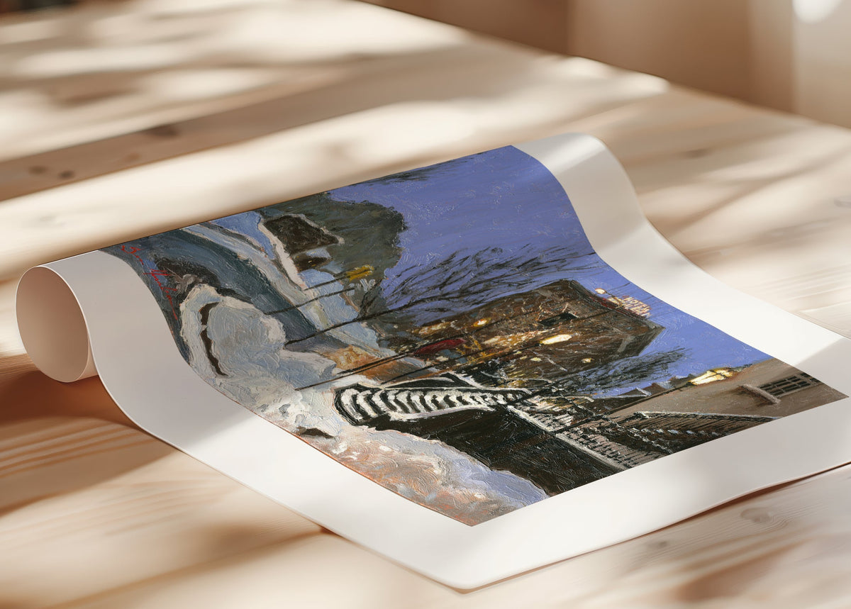 A canvas print depicting Main Street with snow on the ground, Moravian Church steps, and a street lamp.