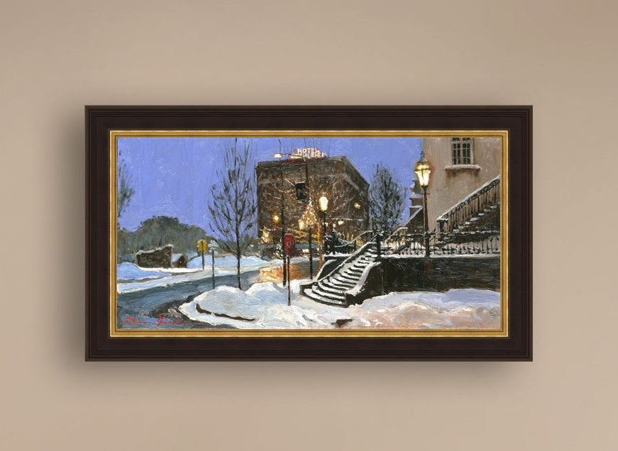 A canvas print depicting Main Street with snow on the ground, Moravian Church steps, and a street lamp.