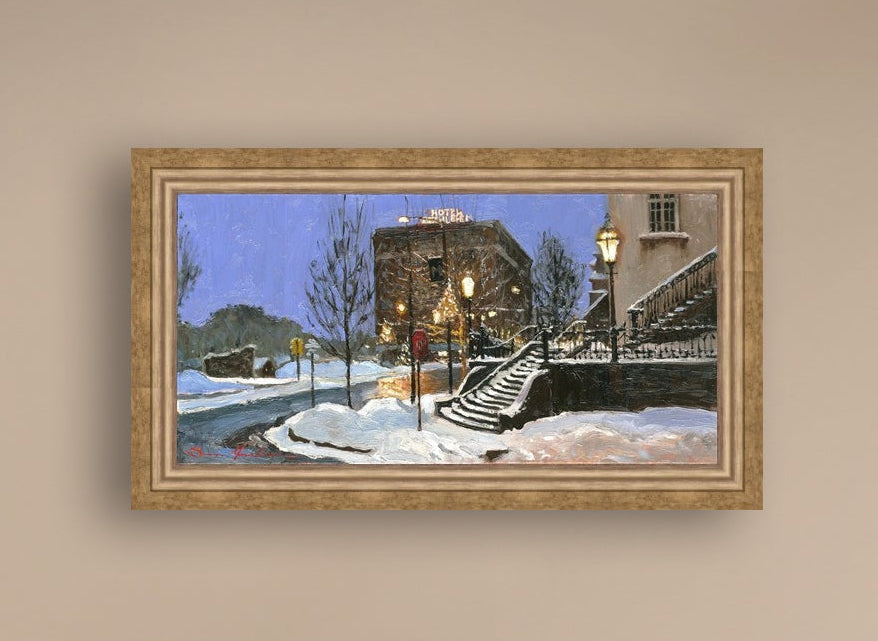 A canvas print depicting Main Street with snow on the ground, Moravian Church steps, and a street lamp.