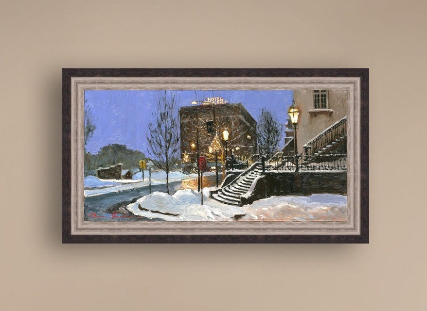 A canvas print depicting Main Street with snow on the ground, Moravian Church steps, and a street lamp.