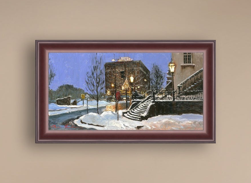 A canvas print depicting Main Street with snow on the ground, Moravian Church steps, and a street lamp.