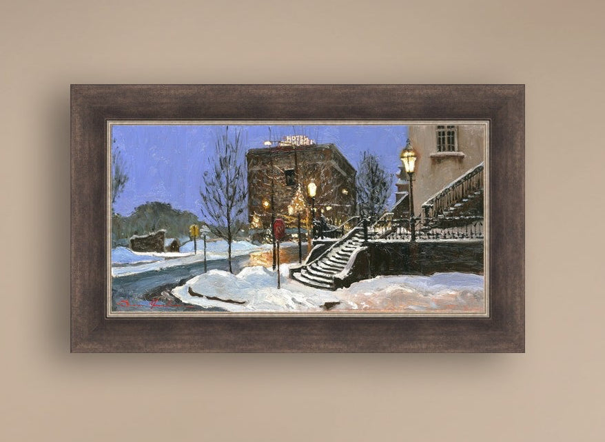 A canvas print depicting Main Street with snow on the ground, Moravian Church steps, and a street lamp.