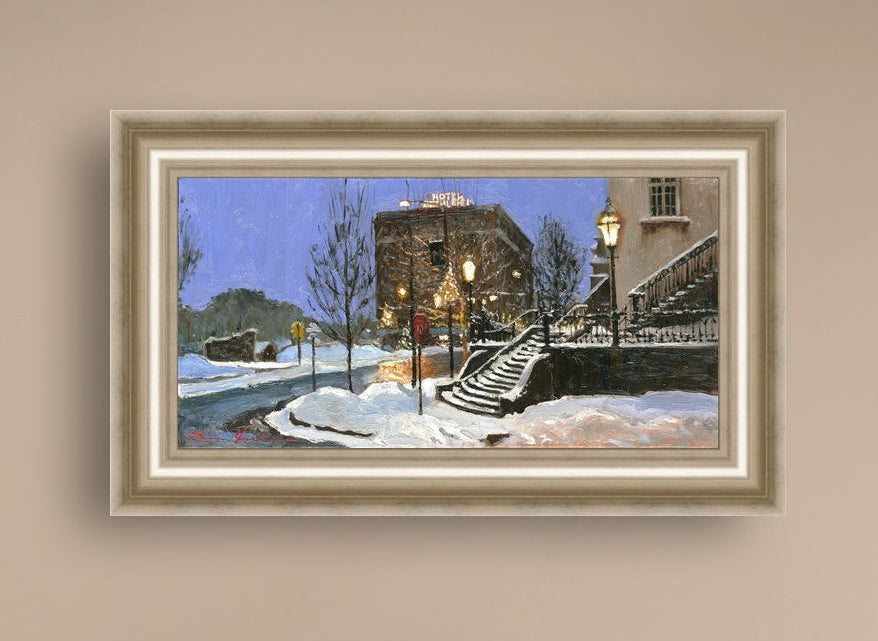 A canvas print depicting Main Street with snow on the ground, Moravian Church steps, and a street lamp.