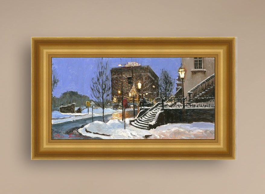 A canvas print depicting Main Street with snow on the ground, Moravian Church steps, and a street lamp.