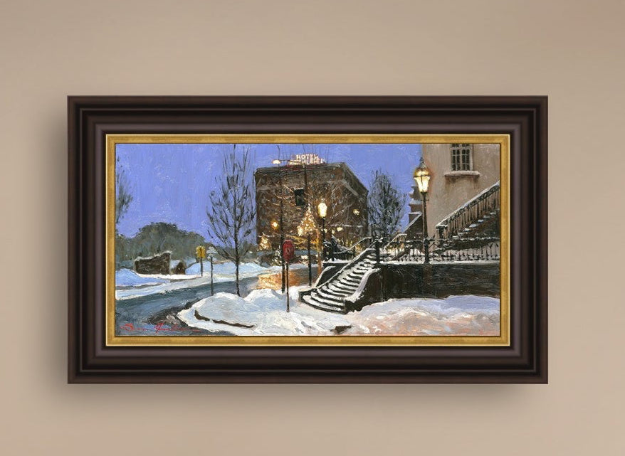 A canvas print depicting Main Street with snow on the ground, Moravian Church steps, and a street lamp.