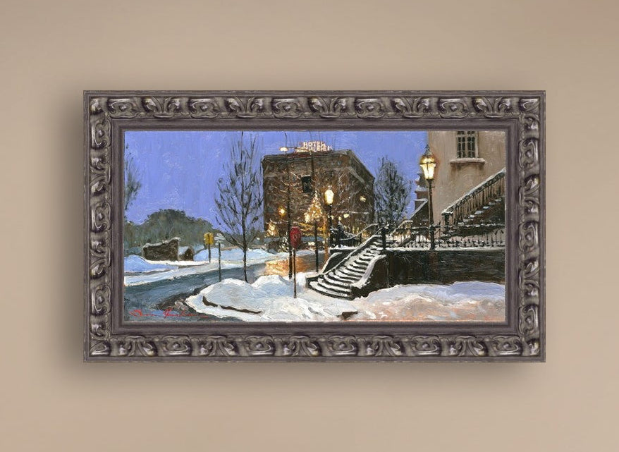 A canvas print depicting Main Street with snow on the ground, Moravian Church steps, and a street lamp.