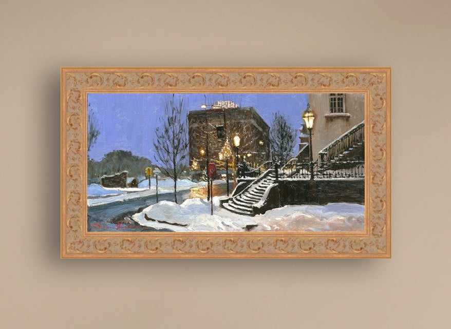 A canvas print depicting Main Street with snow on the ground, Moravian Church steps, and a street lamp.