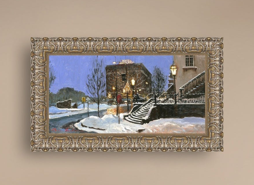 A canvas print depicting Main Street with snow on the ground, Moravian Church steps, and a street lamp.