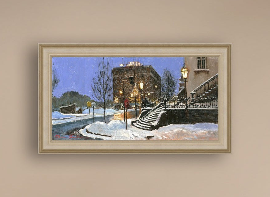 A canvas print depicting Main Street with snow on the ground, Moravian Church steps, and a street lamp.