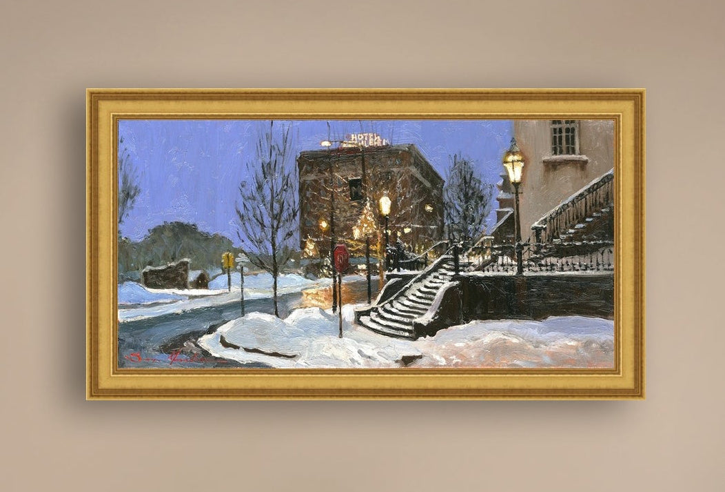 A canvas print depicting Main Street with snow on the ground, Moravian Church steps, and a street lamp.