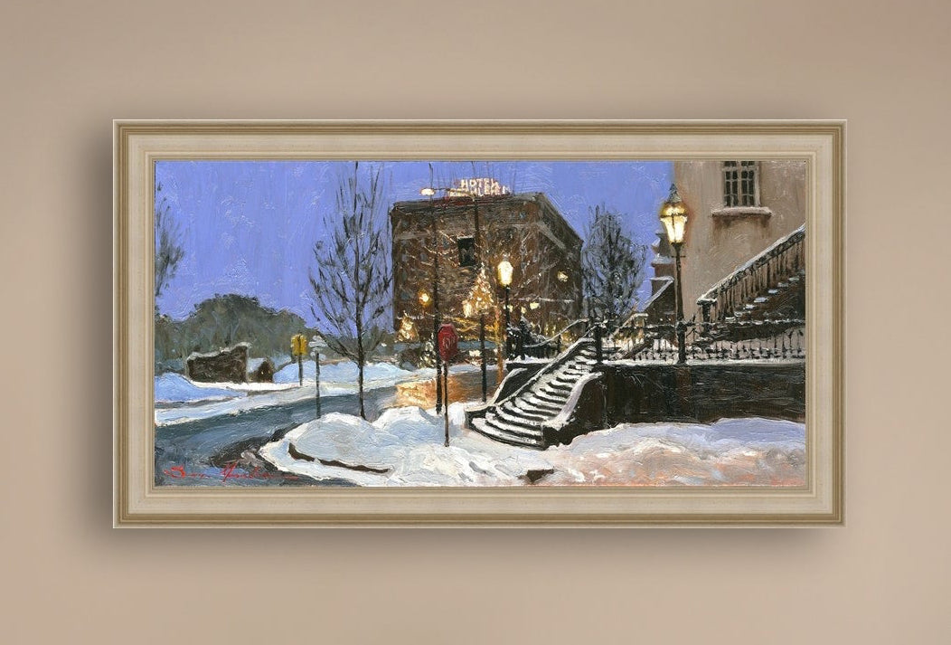 A canvas print depicting Main Street with snow on the ground, Moravian Church steps, and a street lamp.