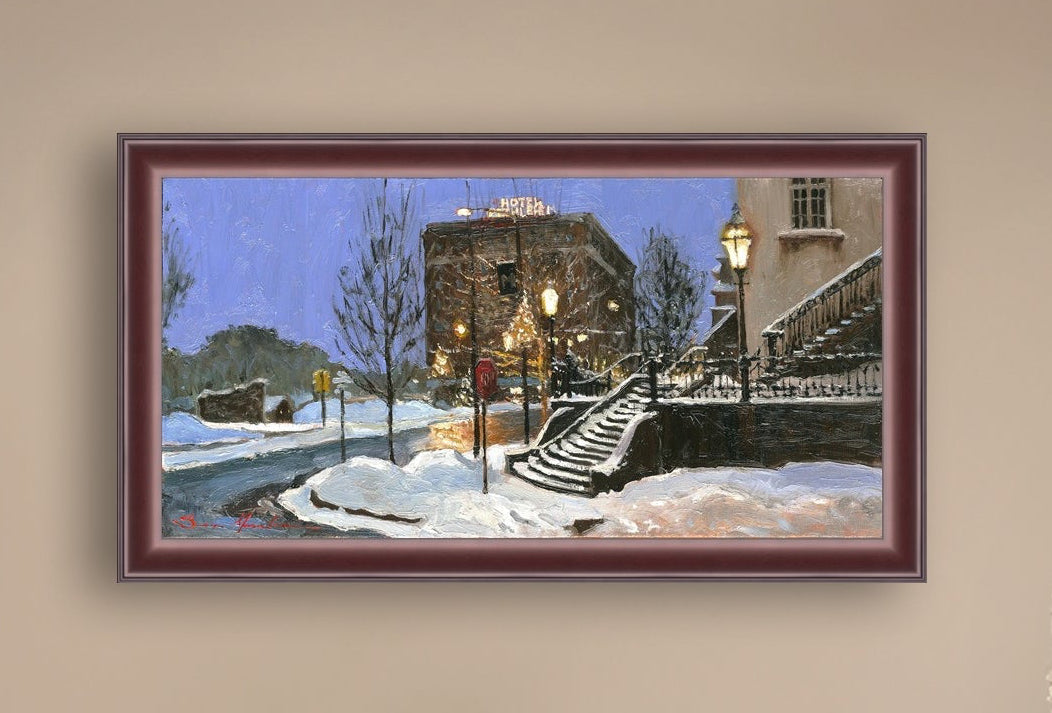 A canvas print depicting Main Street with snow on the ground, Moravian Church steps, and a street lamp.
