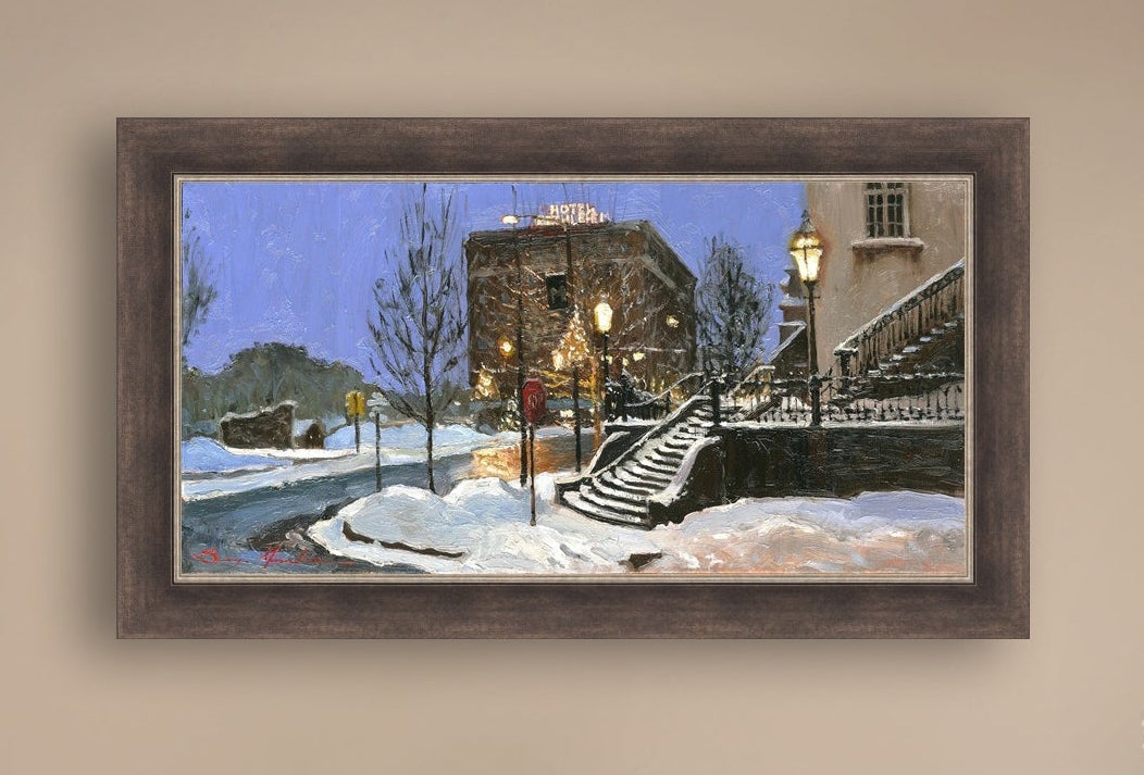 A canvas print depicting Main Street with snow on the ground, Moravian Church steps, and a street lamp.