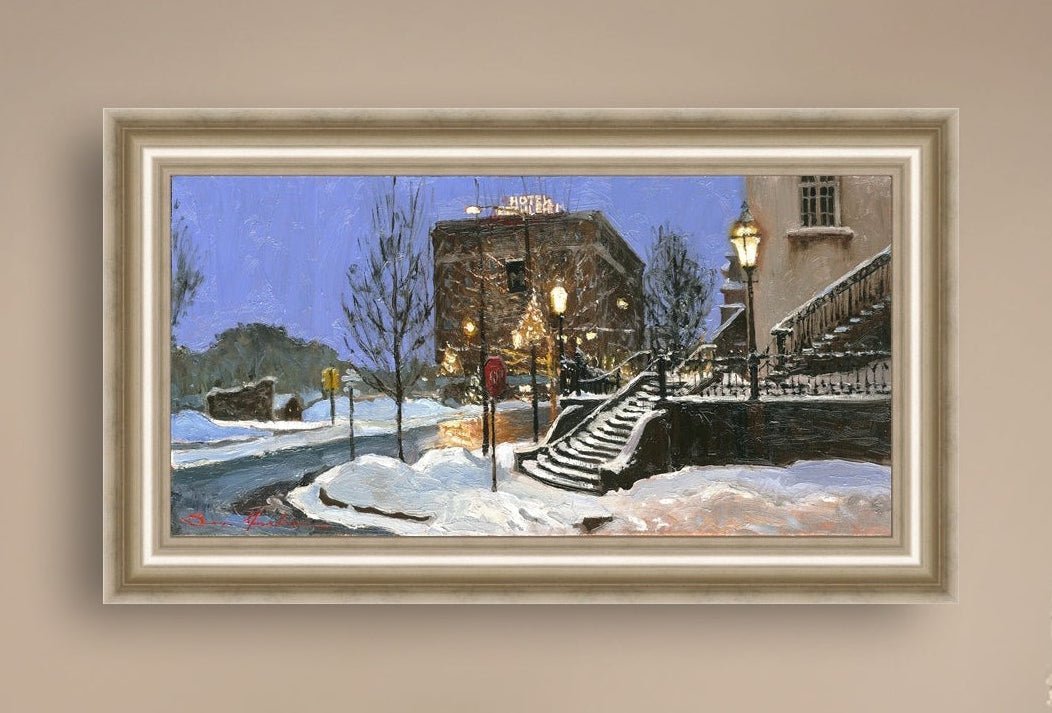 A canvas print depicting Main Street with snow on the ground, Moravian Church steps, and a street lamp.